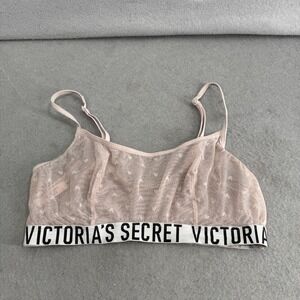 Victoria's Secret Bralette Size M Pink Mesh Sheer Bra‎ Heart Print Coquette Y2K
